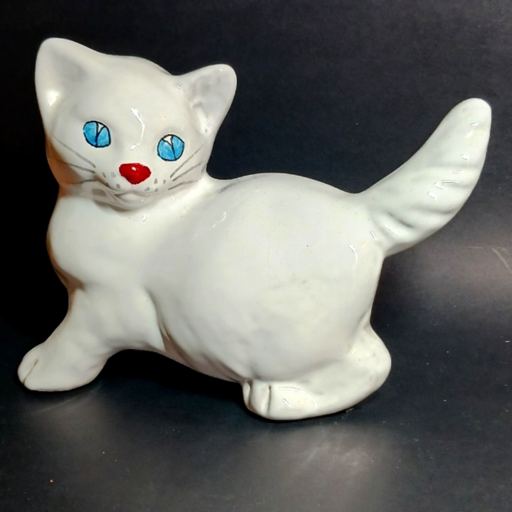 Vintage Italian Mid Century Modern Terracotta WHITE CAT Blue Eyes Italy HEAVY